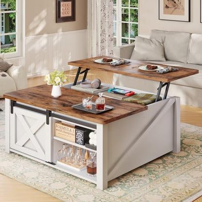 SEDETA 31.5" Lift Top Coffee Table with Storage, Square Coffee Tables for Living Room, Farmhouse Coffee Table with Large Hidden Storage Compartment and Adjustable Shelves, White - color: White