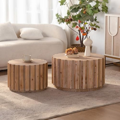 WILLIAMPSACE Round Nesting Coffee Table Set of 2, Rustic Farmhouse Wooden Drum Center Tables with Vertical Slatted Body, Tea Table for Living Room Apartment, No Assembly (19.7"+27.5", Natural) - color: 19.7"+27.5", Natural