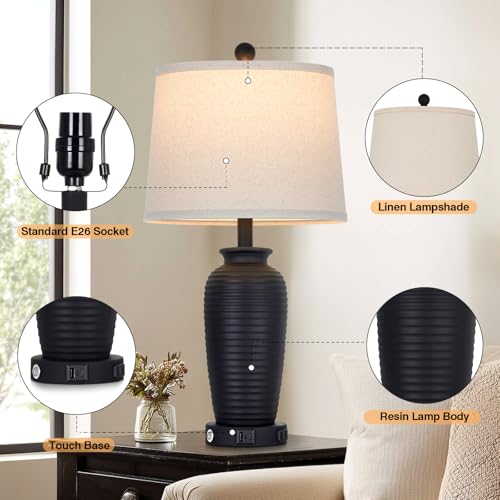 CINSARY 25" Retro Black Farmhouse Jar Table Lamps, 3 Way Touch Control Rustic Bedside Lamps with USB A+C Ports & AC Outlet, Pot Nightstand Lamps for Bedroom Living Room (LED Bulbs Included) - color: Retro Black-1Pack