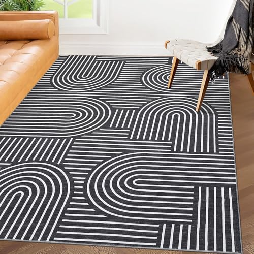 ROYHOME Modern Washable Rug 4x6 Area Rugs for Living Room Non Slip, Black | Abstract Rug for Bedroom, Rainbow Throw Rugs with Rubber Back, Low Pile Stain Resistant Geometric Carpet for Playroom Dorm - color: Black, size: 4' x 6' (Rectangular)