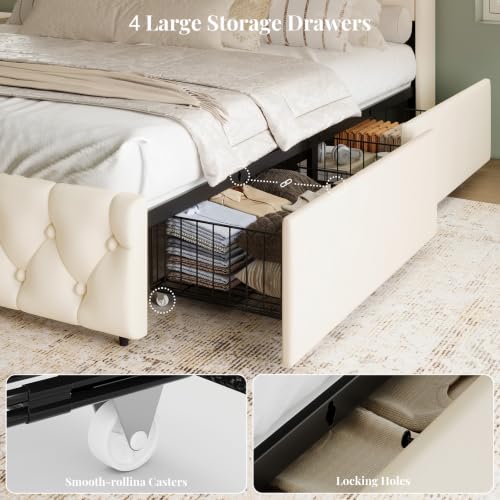 Queen Size Bed Frame and Headboard & 4 Storage Drawers | Upholstered Platform Bed Frame with RGB LED Lights & Charging Station, No Box Spring Needed, Easy Assembly, Noise-Free, Beige
