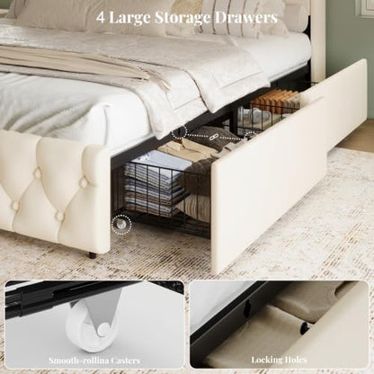 Queen Size Bed Frame and Headboard & 4 Storage Drawers | Upholstered Platform Bed Frame with RGB LED Lights & Charging Station, No Box Spring Needed, Easy Assembly, Noise-Free, Beige
