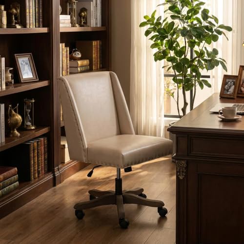 Upholstered Armless Office Chair Faux Leather Swivel Home Desk Office Chair | Modern Comfy Boho Office Chair with Wheels Adjustable Desk Chair no Arms for Sewing Women Farmhouse Study Studio PU Beige - color: Pu Beige