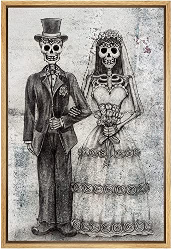wall26 - Framed Canvas Print Wall Art - Wedding Photo with a Skull Couple - Gallery Wrap Modern Home Art | Ready to Hang - 16"x24" Natural - color: Artwork - 26, size: 24"L x 16"W