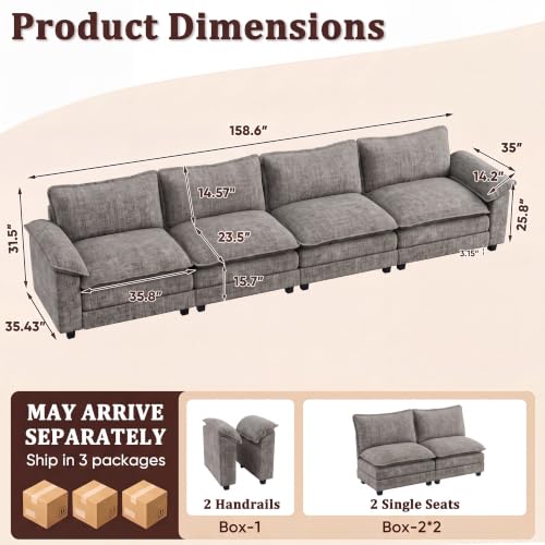 JUMMICO 159" Sectional Couch, Modular Cloud Sofa, Light Grey | Comfy Chenille, 4 Deep Seats, High-Density Foam, Double Layer Cushions, Oversized Linear Sofa for Living Room and Apartment - color: Light Grey, size: Linear Sofa
