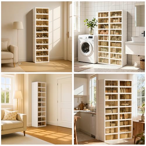 Foldable Shoe Organizer Storage Box, Portable Extra Large Folding Shoe Rack for Closet, Shoe Storage Box with Magnetic Transparent Door and Wheels, 9 Layers 18 Grids - size: White 9 Layers-A