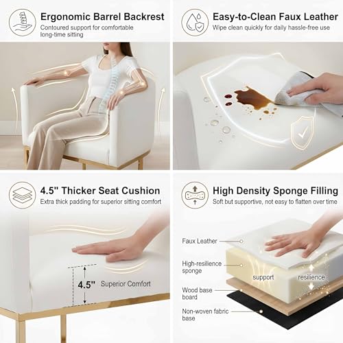HNY Modern Barrel Counter Height Gold Clearance Bar Stools Set of 2, 24 Inch Kitchen Bar Stools with Back, PU Leather Barstools Bar Height for Island with Golden Metal Tubular Frame, White - color: 24inch ,White,gold Base