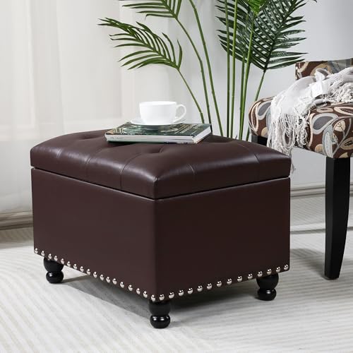 Adeco Faux Leather Storage Ottoman Bench with Safety Hinge, 23-Inch Upholstered Footrest Stool for Entryway & Living Room, Holds 350 lbs, Black - color: Matte Dark Brown - Leather