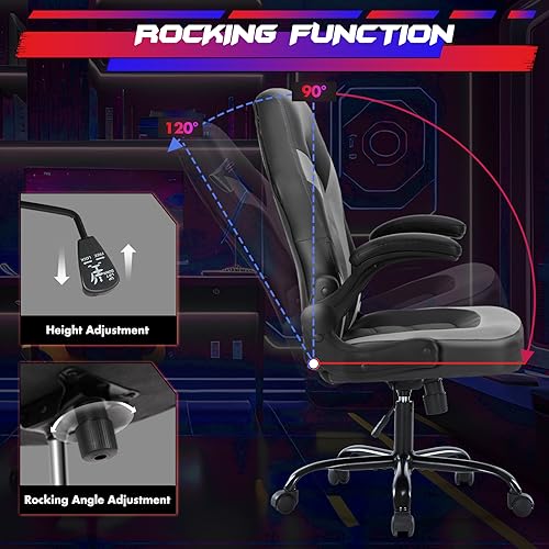 Sweetcrispy Computer Gaming Desk Chair - Ergonomic PU Leather with Comfy Lumbar Support, Height Adjustable Rolling Desk with Flip-up Armrests, for Home and Office - color: Grey
