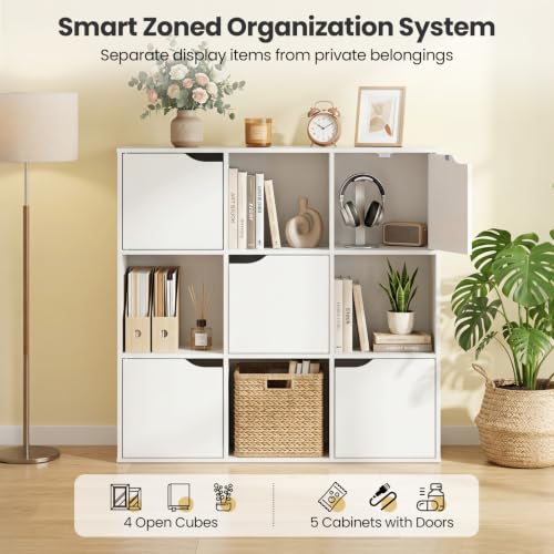 Giantex 9-Cube Storage Organizer, Storage Cabinet with 4 Open Cubes and 5 Cabinets, Freestanding Wooden Cubby Bookcase, Compartment Units for Home Office, 3-Tier Bookshelf for Books | Wooden Storage Cabinet, 4-Tier Freestanding Cubby Bookcase, Compartment