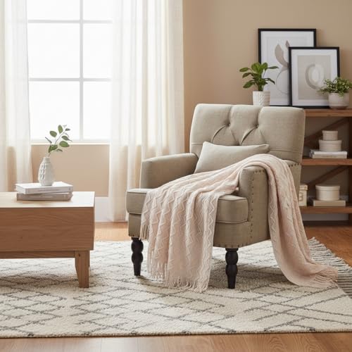 HUIMO Accent Chair, Tufted Upholstered Club Chair, Brown | Tufted upholstered club chair with lumbar pillow and solid wood legs. Suitable for living rooms, bedrooms, and reading nooks. - color: Light Brown