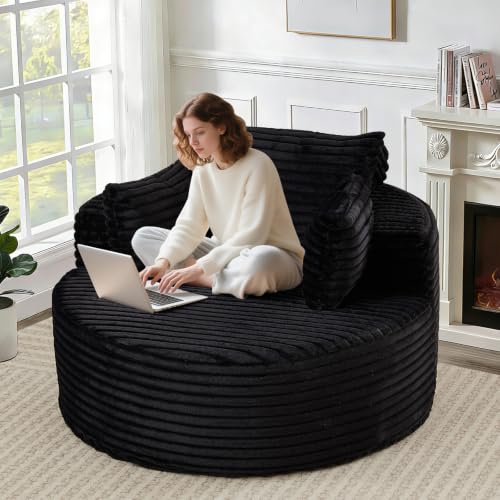 Round Chair Lounge Chaise Indoor, 50" Oversized Sofa Chair Upholstered Corduroy Deep Seat Sleeper Sofa Bed No Assembly Required for Living Room, Bedroom Apartment, Black - color: Black, style: 50"Corduroy