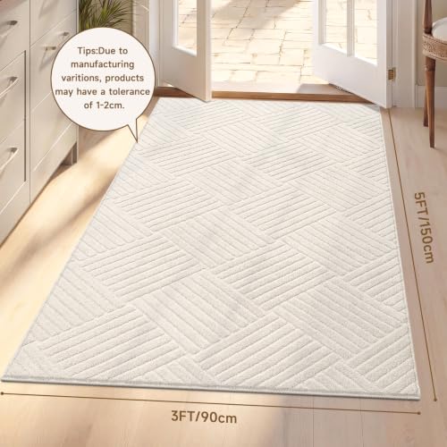 3x5 Living Room Area Rug, Beige Soft Geometric Fluffy Bedroom Mat | Washable Modern Indoor Floor Mat, Non Slip Shaggy Boho Accent Throw Carpet for Office, Dorm, Nursery and Dining Room - size: 3' x 5' (Rectangular)