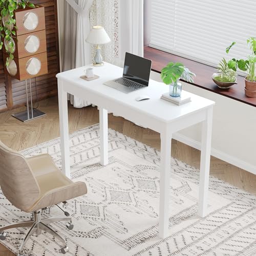 100% Solid Wood Desk with Drawers 39 Inch Small Desk | Mid Century Modern Desk Vintage Small Writing Wooden Desks for Small Spaces Bedroom, Living Room, Office - color: White, size: 39.4" x 15.7"
