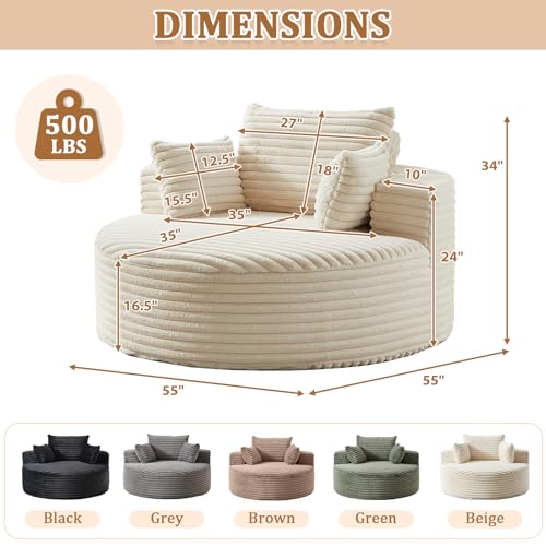 55" Oversized Round Chaise Longue Chair Indoor, Upholstered Corduroy Circle Single Cloud Reading Sofa Chair Deep Seat Modern Boneless Sleeper Couch No Assembly Required, Beige - color: Beige, style: 55"Corduroy