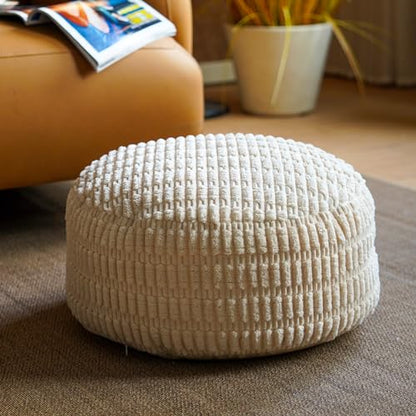 Round Ottoman Pouf Cover Bean Bag Foot Rest, Beige | Cover Only, 20x20x8 In, Soft Corduroy, Ribbed Texture, Living Room, Bedroom, Reading Nook - color: Beige