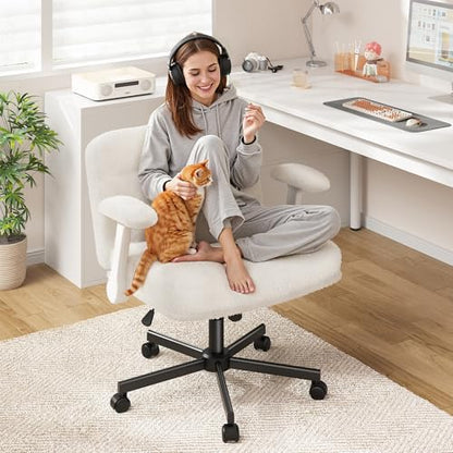 DurayLoly Criss Cross Office Chair with Flip-up Arm & Wheels | 360° Swivel,Plush Teddy Fabric Cross Legged Chair ,Adjustable Height for Home Office,Study, Gaming, Vanity,White - color: Beige