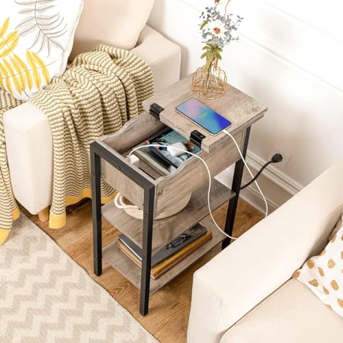 HOOBRO Side Table, Flip End Table with Charging Station and Shelves, USB Ports & Power Outlets, Narrow Nightstand for Small Spaces, Living Room, Stable and Sturdy, Greige and Black BG341BZ01 - color: Greige+black