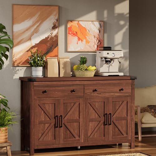 VVFLU Buffet Cabinet with Storage Farmhouse with 4 Doors and 2 Drawers, 55'' Large Kitchen Storage Cabinet Cherry Wood Coffee Bar Buffet Sideboard for Kitchen, Dining Room, Living Room - color: Cherry/Wood, size: 15.7"D x 55.1"W x 35.4"H