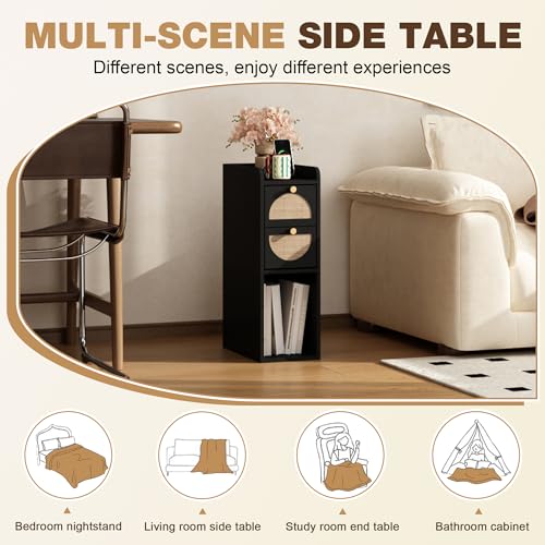 Narrow Nightstand Set of 2 (Rattan & Wood) - Small Bedside Table with 2 Drawers, Open Shelf, Mid Century Modern End Table - for Bedroom, Living Room & Small Spaces, Black - color: Black, size: 7.9"W (2 Pc)