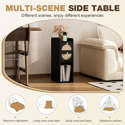 Narrow Nightstand Set of 2 (Rattan & Wood) - Small Bedside Table with 2 Drawers, Open Shelf, Mid Century Modern End Table - for Bedroom, Living Room & Small Spaces, Black - color: Black, size: 7.9"W (2 Pc)
