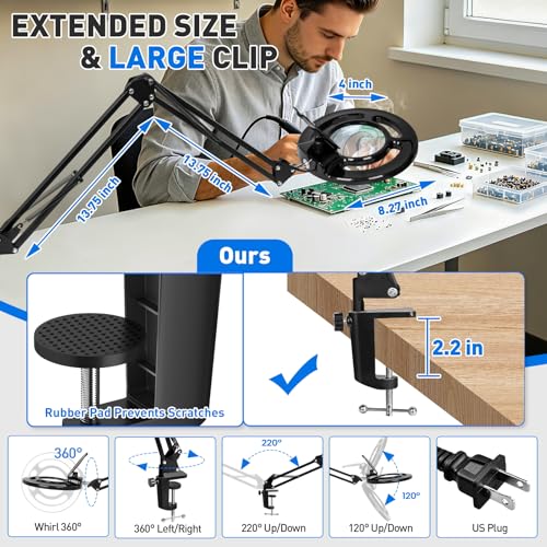 KIRKAS Magnifying Glass with Light, 2,200 Lumens Magnifying Lamp 12X | with Clamp, Stepless Dimmable Real Glass Lens Magnifier, Adjustable Arm Workbench Light for Close Work Hobby Repair - Black - color: Black