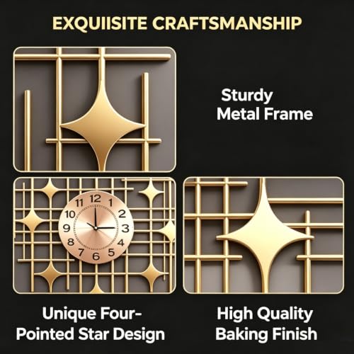 Gold Large Decorative Wall Clock, Modern Metal Wall Clock with Four-Pointed Star Design, Silent Non-Ticking Battery Operated Wall Art for Living Room Bedroom Office Home Decor
