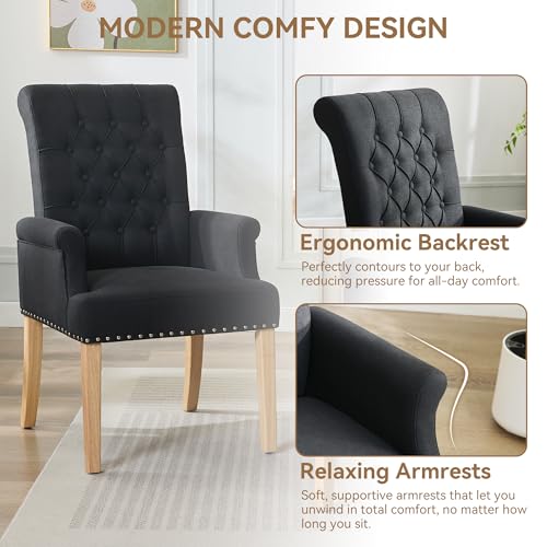 WUTUTUEE Fabric Dining Chair with Arms, Upholstered Tufted High Back Dining Room Chairs, Accent Armchair with Solid Wood Leg and Nailhead Trim, Kitchen Dining Living Room, Black - color: Black, size: 1 PC