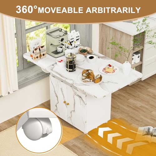 Folding Dining Table for 4-6 with Storage Rack and Cabinet, White Marble Color Kitchen Island, Versatile Space-Saving Table - color: White (Table Only)