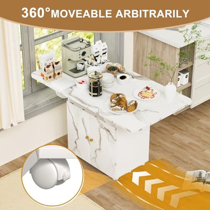 Folding Dining Table for 4-6 with Storage Rack and Cabinet, White Marble Color Kitchen Island, Versatile Space-Saving Table - color: White (Table Only)