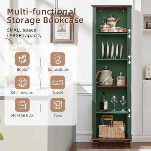 19.7" Wide Narrow Book Shelf, 5-tire Skinny Bookshelf with Adjustable Shelves & Solid Wood Legs, Farmhouse Freestanding Bookcase w/Storage, Tall Wood Book Case for Office,Living Room, Green - color: Green