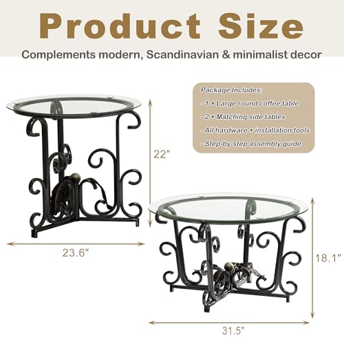 Glass Coffee Table Set of 3 — 31.5" Round Nesting Coffee Table with 2 End Tables, Tempered Glass Top & Wrought Iron Scroll Frame for Living Room, Apartment, Patio, Sunroom