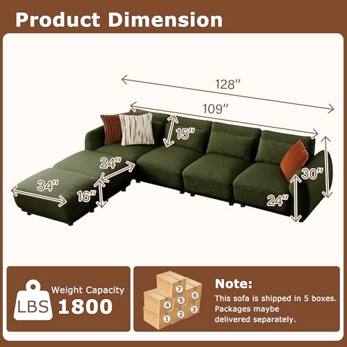 U Shaped Cloud Sectional, Convertible L Shaped Couch with Removable Ottomans,Modular Cloud Couch Sectional for Living Room(4 Set + 2 Ottomans - Green) - color: Green, size: 4set+2 Ottoman