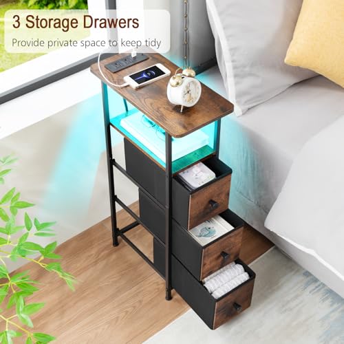 Narrow End Table with Charging Station, Small Nightstand | Skinny Side Tables Living Room with 3 Fabric Drawers, Bedside Table with LED Lights for Bedroom, Small Spaces, Rustic Brown - color: Rustic Brown + Black, size: 27.55''H (3 Drawers), style: Power