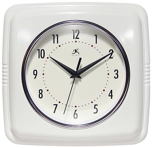 Infinity Instruments Retro – 9-Inch Square Silent Non-Ticking Mid-Century Modern Wall Clock – Vintage Decorative Timepiece for Kitchen, Office, or Diner – White - color: White