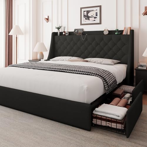 Feonase Upholstered Queen Size Bed Frame with 4 Storage Drawers, Storage Bed with Charging Station, Large Wingback Headboard, No Box Spring Needed, Black - color: Black, size: Queen