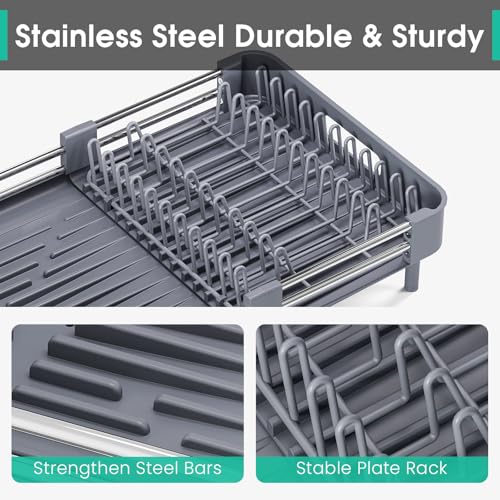 TOOLF Expandable Dish Drying Rack with Cutlery Holder, Standard, Grey | Over or In Sink Stainless Steel Dish Drainers for Compact Kitchen, Space Saving, Fast Drain, Rustproof, For 1-3 people - color: Gray