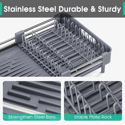 TOOLF Expandable Dish Drying Rack with Cutlery Holder, Standard, Grey | Over or In Sink Stainless Steel Dish Drainers for Compact Kitchen, Space Saving, Fast Drain, Rustproof, For 1-3 people - color: Gray