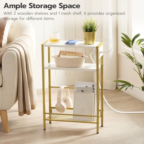 HOOBRO Small Narrow Side Table with Charging Station, Skinny End Table for Small Spaces, Slim Nightstand with USB Ports Outlet, Sofa Beside Table with Storage Shelf, White and Gold DW102UBZ01 - color: Gold + White