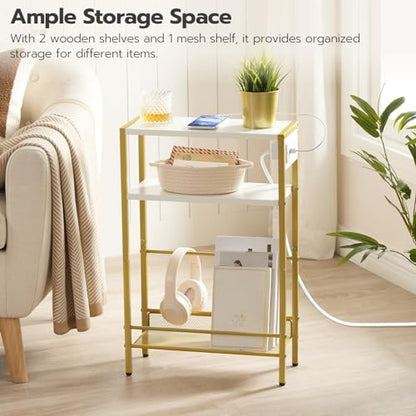 HOOBRO Small Narrow Side Table with Charging Station, Skinny End Table for Small Spaces, Slim Nightstand with USB Ports Outlet, Sofa Beside Table with Storage Shelf, White and Gold DW102UBZ01 - color: Gold + White