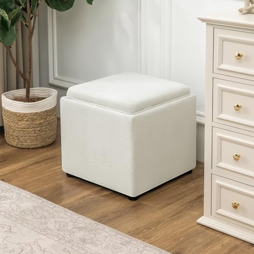 Storage Square Ottoman with Tray, Small Fabric Foot Rest Stool Cube, Coffee Table for Dorm Living Room Bedroom, White - color: White