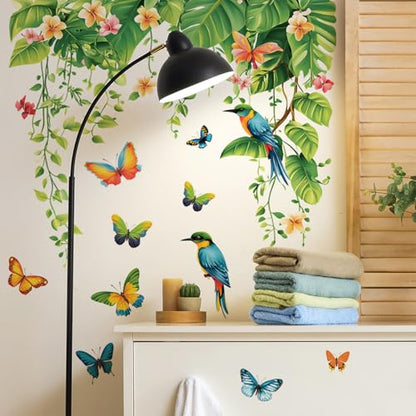 Tropical Green Plants Leaves Wall Decals Removable Hanging Vines Wall Stickers Peel and Stick Birds Butterfly Wall Decor for Bedroom Living Room Bathroom Classroom Decorations - style: Tropical Green Plants