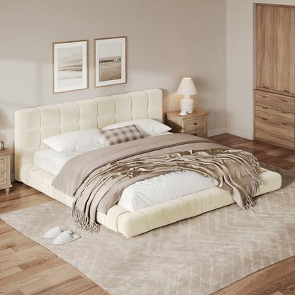 Upholstered Velvet Platform Bed Frame with Channel Tufted Headboard, Modern Low Profile Bed with Sturdy Slat Support, No Box Spring Needed (Beige) - color: Beige