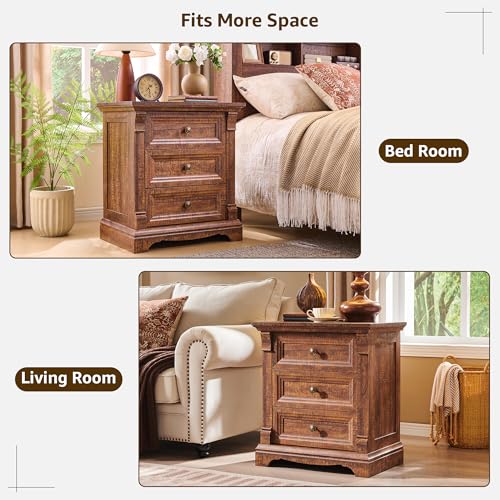 Farmhouse Nightstand Set of 2, 23.6"W Wood End Table With Charging Station | 26" Tall Side Table w/Roman Column, End Tables Living Room Set of 2, Bedside Cabinet for Bedroom, Reclaimed Barnwood - color: Reclaimed Barnwood, size: 23.6"W x 15.7"D x 26"H