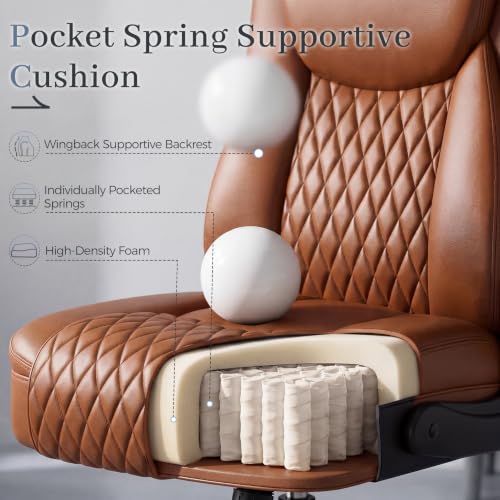 GTPOFFICE Executive Office Chair with Comfortable Lumbar Support, Ergonomic Gaming Chair with Flip-up Armrests & Zoned Pressure-Relief Cushion, Comfy PU Leather Desk Chair, Brown - color: Brown