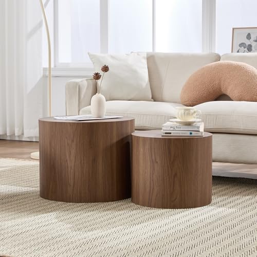 Ya-Home Round Coffee Tables Side Table Set of 2, Wood Nesting End Table for Living Room Balcony Office, Walnut Wooden Color, No Assembling - color: Walnut
