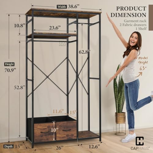 CAPHAUS 550lbs Capacity Garment Rack for Hanging Clothes, Heavy Duty Metal Open Wardrobe w/Hanging Rods & Drawers, Free Standing Closet Organizer, Metal Closet w/Wooden Boards, Rustic Oak Board - color: Rustic Oak, size: 40 Inch