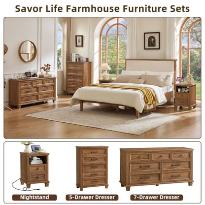 Farmhouse Nightstand with Charging Station, Brown | End Tables Bedroom with 2 Drawers, Traditional Night Stand with Open Shelf & Thickened Top & Square Wooden Legs - color: Brown, size: 18"D x 18"W x 25"H (2 Drawers)