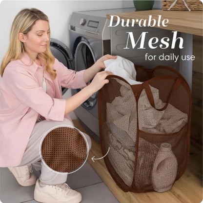 Handy Laundry Collapsible Mesh Pop Up Laundry Hamper with Side Pocket | Collapsible Mesh Pop Up Hamper, Wide Opening, Side Pocket, Breathable, Sturdy, Foldable, Space-Saving for Clothes Storage - color: Brown