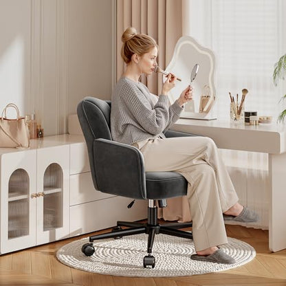 DurayLoly Velet Vanity Chair with Wheels & Shell Back | 360° Swivel Desk Chair,Adjustable Height,Stylish and Comfortable for Makeup, Work & Relaxation,Black - color: Black